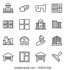 Thin line icon set : mansion, houses, slum, modular house, panel, window, building, district, city, real estate, office, garage, scraper