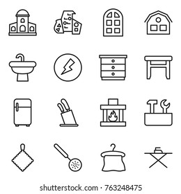 Thin line icon set : mansion, modern architecture, arch window, house, sink, electricity, chest of drawers, stool, fridge, stands for knives, fireplace, repair tools, rag, skimmer, hanger