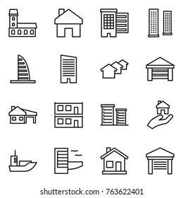Thin line icon set : mansion, home, houses, skyscrapers, skyscraper, garage, house with, modular, district, real estate, sea shipping, hotel