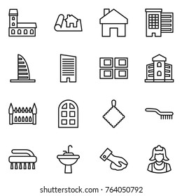 Thin line icon set : mansion, project, home, houses, skyscraper, panel house, building, gothic architecture, arch window, rag, brush, water tap sink, wiping, cleaner