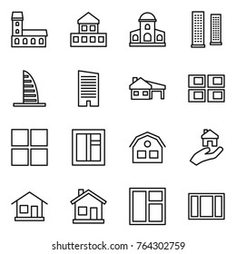 Thin line icon set : mansion, cottage, skyscrapers, skyscraper, house with garage, panel, window, real estate, home