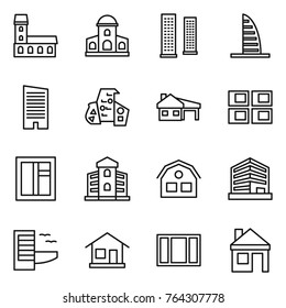 Thin line icon set : mansion, skyscrapers, skyscraper, modern architecture, house with garage, panel, window, building, office, hotel, home