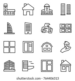 Thin line icon set : mansion, home, skyscrapers, skyscraper, modern architecture, panel house, window, real estate, office, hotel