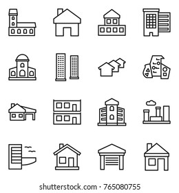 Thin line icon set : mansion, home, cottage, houses, skyscrapers, modern architecture, house with garage, modular, building, city, hotel
