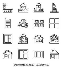 Thin line icon set : mansion, cottage, skyscraper, modern architecture, panel house, window, building, office, home