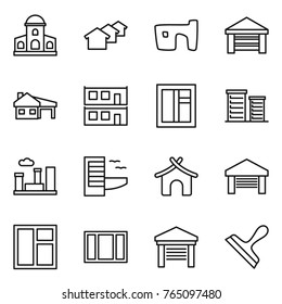 Thin line icon set : mansion, houses, slum, garage, house with, modular, window, district, city, hotel, bungalow, scraper