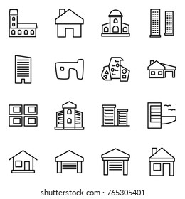 Thin line icon set : mansion, home, skyscrapers, skyscraper, slum, modern architecture, house with garage, panel, building, district, hotel