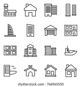 Thin line icon set : mansion, home, houses, skyscrapers, skyscraper, garage, modular house, panel, building, district, sea shipping, hotel, bungalow
