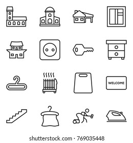 Thin line icon set : mansion, house with garage, window, japanese, power socket, key, nightstand, hanger, radiator, cutting board, welcome mat, stairs, vacuum cleaner, iron