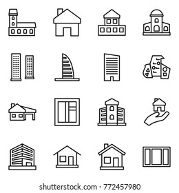 Thin line icon set : mansion, home, cottage, skyscrapers, skyscraper, modern architecture, house with garage, window, building, real estate, office