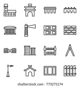 Thin line icon set : mansion, arch, bridge, airport building, lighthouse, panel house, brick wall, school, district, gothic architecture, drawing compasses, outdoor light, bungalow, window, fence