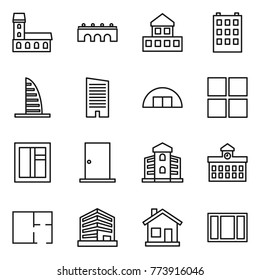 Thin line icon set : mansion, bridge, cottage, building, skyscraper, hangare, window, door, university, plan, office, home