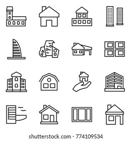 Thin line icon set : mansion, home, cottage, skyscrapers, skyscraper, modern architecture, house with garage, panel, building, real estate, office, hotel, window