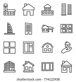 Thin line icon set : mansion, home, cottage, skyscrapers, skyscraper, house with garage, panel, window, real estate, office