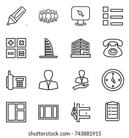 thin line icon set : marker, team, monitor arrow, list, calculator, skyscraper, office, phone, client, watch, window, skyscrapers cleaning, clipboard