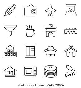 thin line icon set : marker, wallet, plane, nuclear power, funnel, hot drink, arch, bridge, cottage, window, confidential, bungalow, home, grill oven, pancakes, wasp