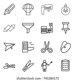 thin line icon set : marker, parachute, presentation, rocket, up down arrow, funnel, mall, pin, deltaplane, hotel, scissors, beans, clothespin, woman with duster, clipboard list
