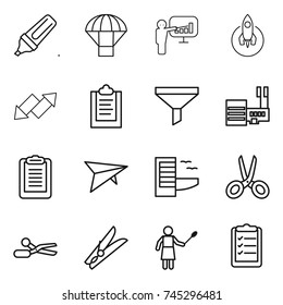 thin line icon set : marker, parachute, presentation, rocket, up down arrow, clipboard, funnel, mall, deltaplane, hotel, scissors, clothespin, woman with duster, list