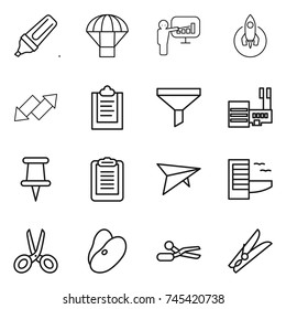 thin line icon set : marker, parachute, presentation, rocket, up down arrow, clipboard, funnel, mall, pin, deltaplane, hotel, scissors, beans, clothespin
