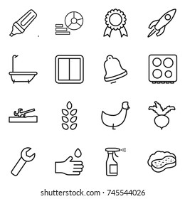 thin line icon set : marker, diagram, medal, rocket, bath, power switch, bell, hob, soil cutter, spikelets, chicken, beet, wrench, hand drop, sprayer, sponge with foam