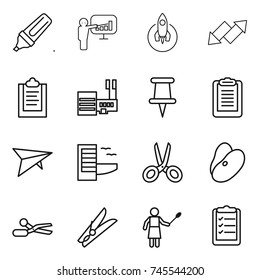 thin line icon set : marker, presentation, rocket, up down arrow, clipboard, mall, pin, deltaplane, hotel, scissors, beans, clothespin, woman with duster, list