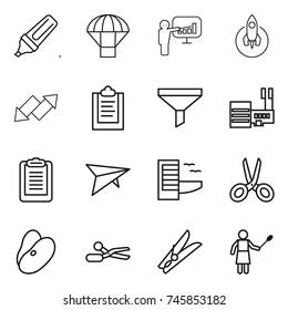 thin line icon set : marker, parachute, presentation, rocket, up down arrow, clipboard, funnel, mall, deltaplane, hotel, scissors, beans, clothespin, woman with duster