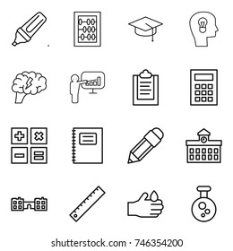 thin line icon set : marker, abacus, graduate hat, bulb head, brain, presentation, clipboard, calculator, copybook, pencil, university, school, ruler, acid, chemical