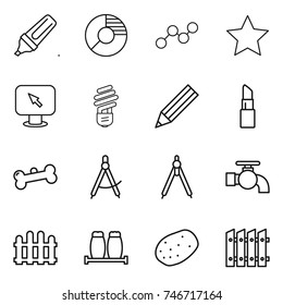 thin line icon set : marker, circle diagram, graph, star, monitor arrow, bulb, pencil, lipstick, bone, draw compass, drawing compasses, water tap, fence, salt pepper, potato