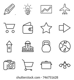 thin line icon set : marker, bulb, statistics, plane, cart, wallet, star, right arrow, tower, mansion, heavy, earth, camera, pan, hard reach place cleaning