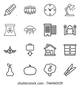 thin line icon set : marker, team, clock, table lamp, nuclear power, ufo, houses, minaret, plane, baggage get, home, chest of drawers, pear, pumpkin, garden, clothespin