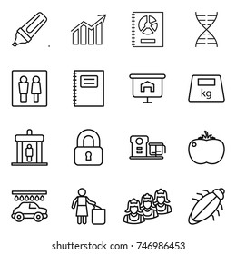 thin line icon set : marker, diagram, annual report, dna, wc, copybook, presentation, heavy, detector, locked, food processor, tomato, car wash, garbage bin, outsource, bug