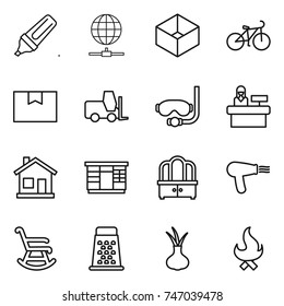 thin line icon set : marker, globe connect, box, bike, package, fork loader, diving mask, reception, home, wardrobe, dresser, hair dryer, rocking chair, grater, onion, fire