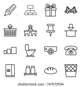 thin line icon set : marker, hierarchy, gift, bridge, university, fort, pin, package, sorting, toilet, surveillance camera, phone, fridge, salt pepper, bread, trash bin