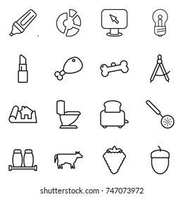 thin line icon set : marker, circle diagram, monitor arrow, bulb, lipstick, chicken leg, bone, draw compass, project, toilet, toaster, skimmer, salt pepper, cow, berry, acorn