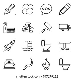 Thin Line Icon Set : Marker, Atom Core, Balloon, Pencil, Church, Modern Architecture, Repair, Shipping, Rocket, Pool, Toilet, Table, Kettle, Sickle, Fire