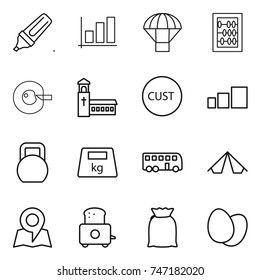 thin line icon set : marker, graph, parachute, abacus, cell corection, church, customs, sorting, heavy, bus, tent, map, toaster, flour, eggs