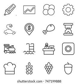thin line icon set : marker, statistics, atom core, gear, electric car, dollar pin, chicken leg, sand clock, train, pool, reception, ring button, cook hat, spikelets, grape, acorn