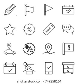 thin line icon set : marker, flag, calendar, star, percent, sale, discussion, car pointer, geo pin, important, terms, sun potection, mobile checking, nightstand