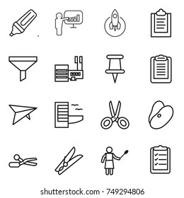 thin line icon set : marker, presentation, rocket, clipboard, funnel, mall, pin, deltaplane, hotel, scissors, beans, clothespin, woman with duster, list