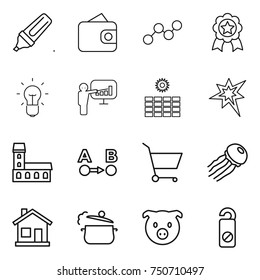 thin line icon set : marker, wallet, graph, medal, bulb, presentation, sun power, bang, mansion, route a to b, cart, jellyfish, home, steam pan, pig, do not distrub