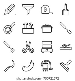 thin line icon set : marker, funnel, measuring tape, scoop, pan, repair tools, spatula, big fork, scissors, double boiler, soil cutter, sickle, eggplant, vacuum cleaner, scraper