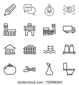 thin line icon set : marker, discussion, rocket, eye identity, mansion, arch, mall, shipping, home, fence, pool, salt pepper, tomato, scissors, pear, toilet