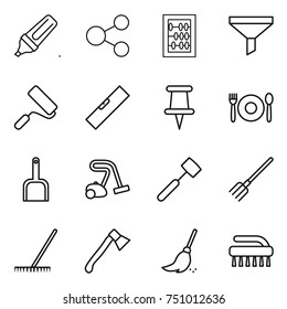 thin line icon set : marker, share, abacus, funnel, repair, level, pin, cafe, scoop, vacuum cleaner, meat hammer, fork, rake, axe, broom, brush