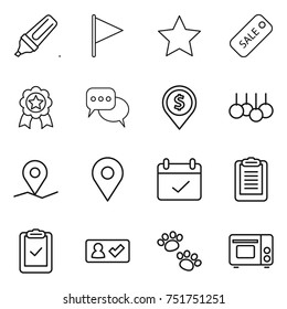 thin line icon set : marker, flag, star, sale, medal, discussion, dollar pin, geo, terms, clipboard, check, in, pets, grill oven