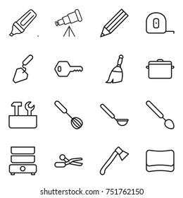thin line icon set : marker, telescope, pencil, measuring tape, construction, key, broom, pan, repair tools, whisk, ladle, big spoon, double boiler, scissors, axe, sponge