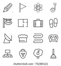 thin line icon set : marker, flag, atom, segway, store signboard, plan, suitcase, slippers, satellite antenna, chief hat, towel, pretzel, hierarchy, strawberry, garden, plunger