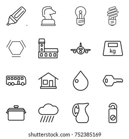 thin line icon set : marker, chess horse, bulb, hex molecule, mansion, plane, heavy, bus, home, drop, key, pan, rain cloud, jug, do not distrub