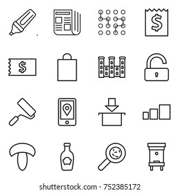thin line icon set : marker, newspaper, chip, receipt, shopping bag, palace, unlock, repair, mobile location, package, sorting, mushroom, ketchup, viruses, hive