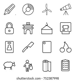 thin line icon set : marker, circle diagram, windmill, telescope, lock, arch, loading crane, atm, identity card, chef knife, cutting board, cherry, sheep, trash, paper towel, clipboard list