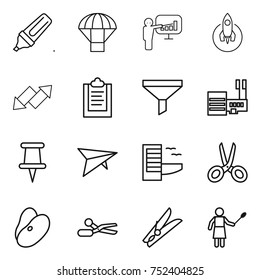 thin line icon set : marker, parachute, presentation, rocket, up down arrow, clipboard, funnel, mall, pin, deltaplane, hotel, scissors, beans, clothespin, woman with duster